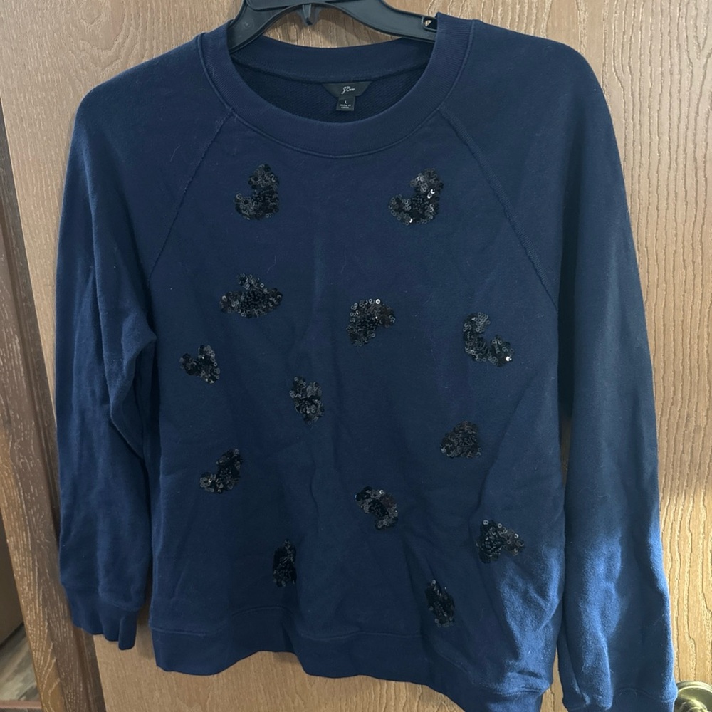 J Crew Women’s Blue Black Sequin Hearts Pullover Sweatshirt Size Large